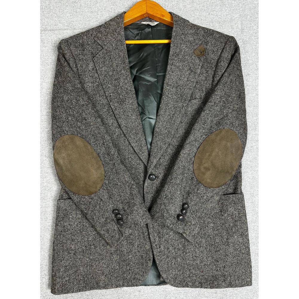 VTG Tweed Blazer 40S Gray Wool Elbow Patch Loop Collar Donegal Sport USA Made